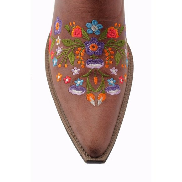 Women's Embroidered Floral Cowboy Ankle Boots Brown Leather Western Red Flowers - Picture 6 of 6